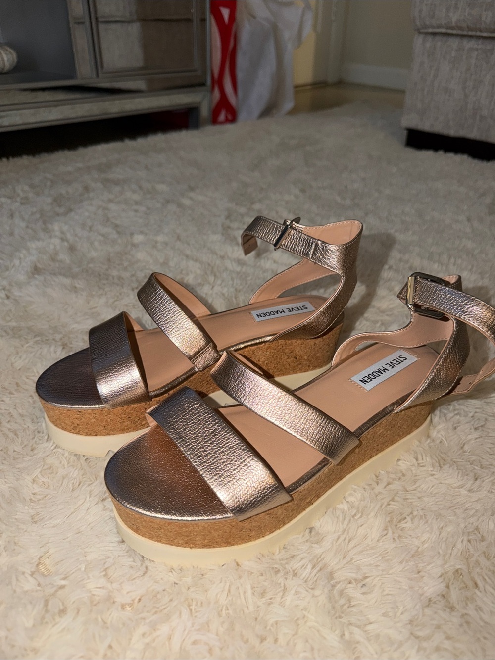 Steve Madden Kirsten Wedge Metallic Rose Gold Strappy Sandal